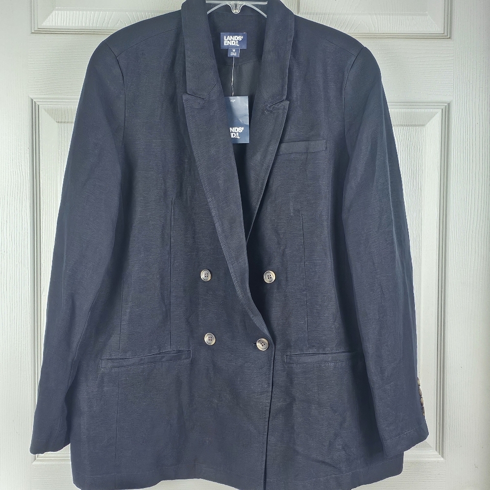 Lands' End Women's Linen Double Breasted  Blazer Black NWOT Size 18 Professional